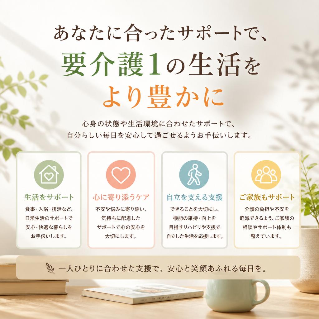 あなたに合ったサポートで、要介護1の生活をより豊かに